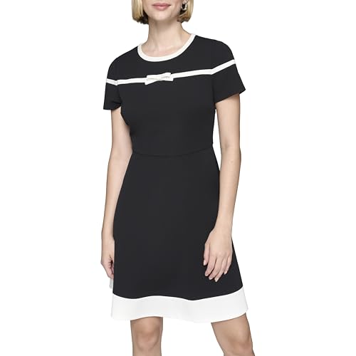 Image of Karl Lagerfeld Women's Bow Detail Short Sleeve Recycled Scuba Crepe a Line Dress
