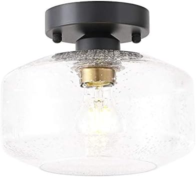 TeHenoo Matte Black Ceiling Light Fixture, TeStark II Upgraded Canopy,Brass Accent Socket, Industrial Semi Flush Mount Ceiling Light with Seedy Glass Shade for Entryway, Hallway