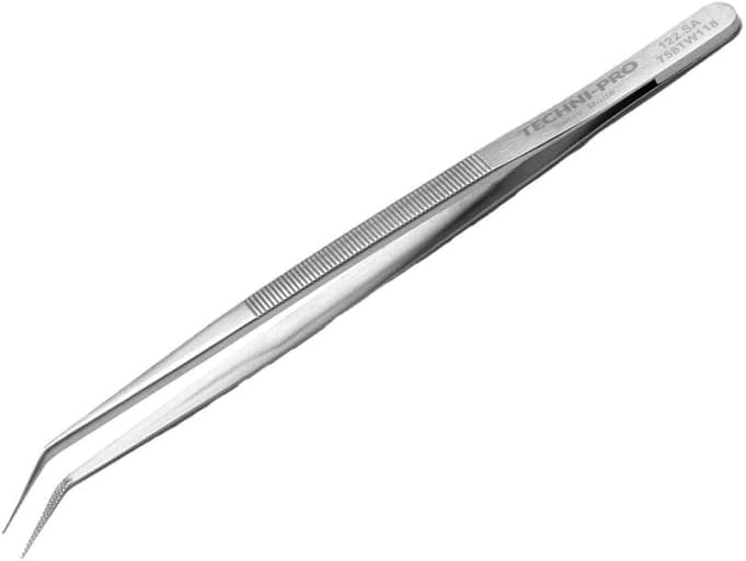 758TW118-5.9' Industrial Tweezers, Style 122, Anti-Acid/Anti-Magnetic Stainless Steel, Bent, Fine, Serrated