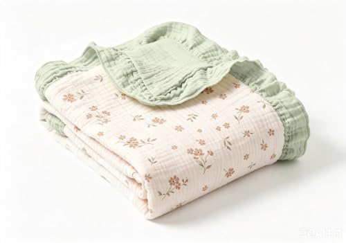 Image of Organic Baby Blanket Flounce Edge Large 50 inchx43 inch Floral, 100% Muslin Cotton Super Soft Breathable Toddler Quilt Crib Blankets Gender Neutral for Baby Boys and Girls Bassinet, Bed, Stroller & Snuggling