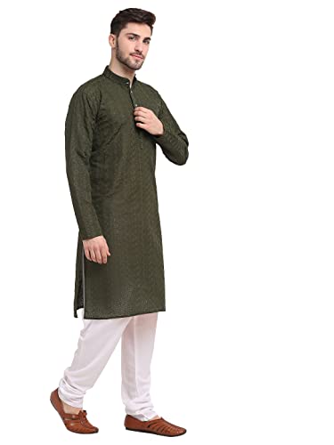 Image of Jompers Men Green Ethnic Embroidered Pure Cotton Kurtas.