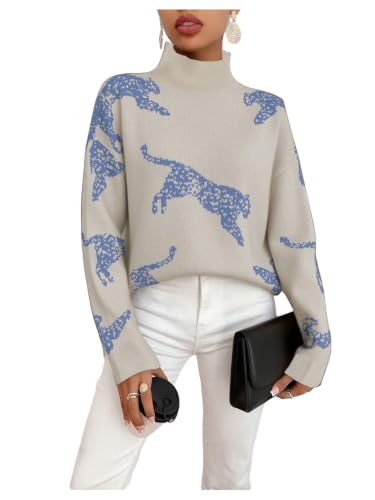 Image of WDIRARA Women's Leopard Tiger Print Sweater High Neck Long Sleeve Fuzzy Knitted Pullover Top