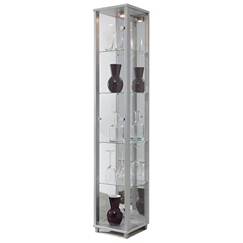 LOCKABLE Fully Assembled HOME Silver Single Glass Display Cabinet, 7 Glass Shelves, Mirror Back, Spotlight Cover