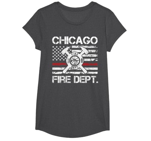 Chicago Illinois Fire Department Thin Red Line Fireman T-Shirt, Girls, Dark Heather Grey, Medium