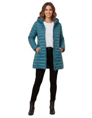 kraftd Womens Winter Lightweight Puffer Jacket Quilted Padded Down Coat With Detachable Hood Central Zip Best for Autumn Winter, Outdoors & Travelling (Teal, 10)