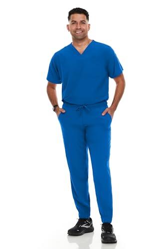 Hey Collection Men Scrubs Set Stretch V-Neck Scrub Top with 2 Chest Pocket & Jogger Pant with 6 Pockets Scrubs for Men