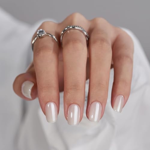BTArtbox Press On Nails, Short Square White Fake Nails, 32Pcs Full Kit