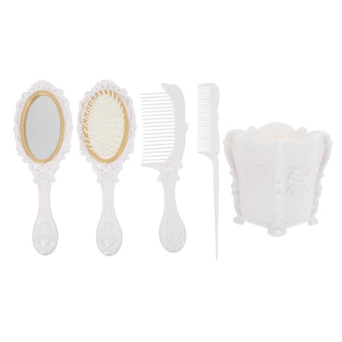 Brosse à cheveux et support de rangement avec miroir vintage blanc de 5 pièces