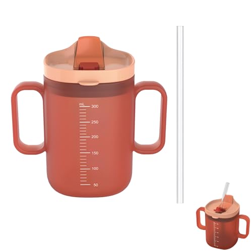 Sippy Cups for Adults & Seniors 10.2oz(300ml) Safe Silicone Spill Proof Cups with 2 Handles Straw & Lid Drinking Cup for Elderly Patients Disabled & Pregnant Women Dishwasher Safe (Red 1 Pack)
