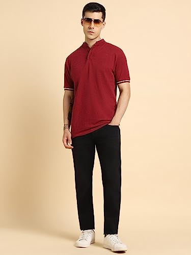 Image of Dennis Lingo Men's Cotton Solid Stand Collar Regular Fit T-Shirt