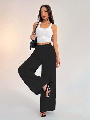 Image of Sugathari Women's Casual Wide Leg Pants - High Waist Elastic Waistband Loose Fit Long Trousers | Lightweight Straight Leg Summer PantsTrouser 254