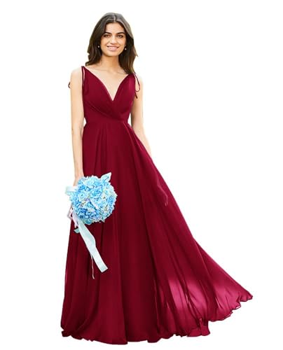 Image of HSFIYAKJ Bridesmaid Dresses Long Chiffon Formal Dress Open Back V Neck Evening Prom Gown for Women with Pockets