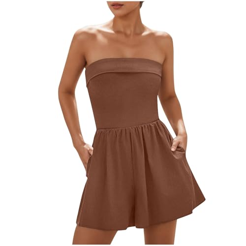 Image of Mrat Bandeau Jumpsuits for Women Uk with Pockets One-Piece Off Shoulder Rompers Summer Casual One Piece Strapless Tube Top Sexy Sleeveless Ladies Playsuit Skort Short Jumpsuit Beach Vacation