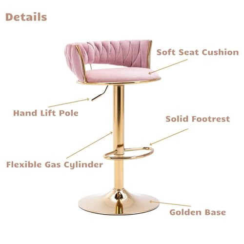 Butaco ajustable de altura, con respaldo bajo y reposapiés, giro de 360°, tapizado en terciopelo rosa con base y patas metálicas doradas, para barra, isla de cocina o pub miniatura 6