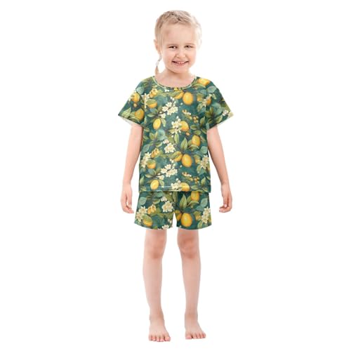ALAZA Lemon Flowers Branches Green Pajama Set Short Sleeve Sleepwear Soft Lounge Nightwear3