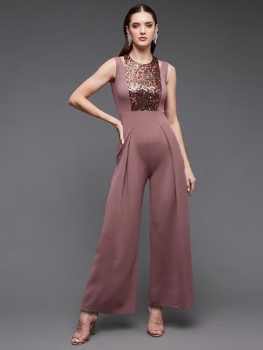 Image of Miss Chase Women's Halter Neck Sleeveless Solid Wide Leg Sequin Paneled Regular Length Jumpsuit