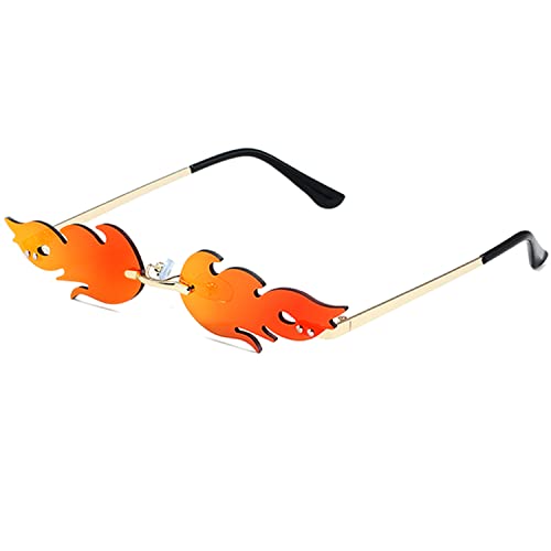 Breaksun Fire Flame Sunglasses for Women Men Retro Narrow Fire Shaped Rimless Flame Shades Halloween Party Red Glasses (Gold/Red Mirror)