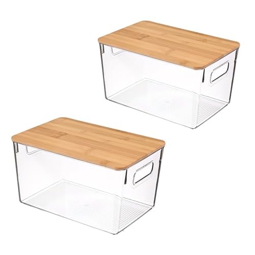 2 Set Clear Stackable Storage Boxes with Handles and Bamboo Wood Lid, Pantry Organizer Bins, 26x17.5x16 CM, for Kitchen, Pantry, Countertops, Cabinets, Freezer, Bedrooms, Bathrooms (2 Pack With Lid)