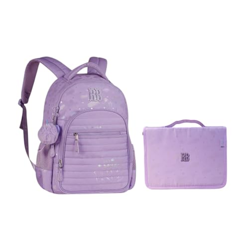 Kit Mochila de Costas e Estojo Fichário Rebecca Bonbon Escolar com Estampa Holográfica RB24588 RB24667 (Lilás)