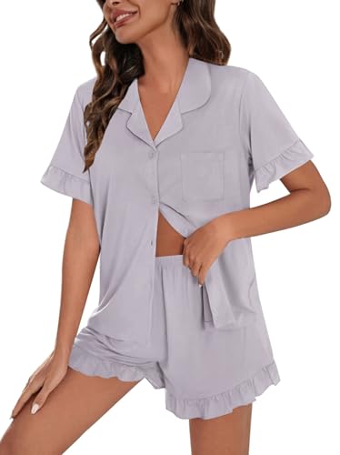 Image of SWOMOG Woman Pajama Set Short Sleeve Pjs Set 2Pcs Short Pajamas Button Down Ruffle Hem Sleepwear Soft Modal Loungewear