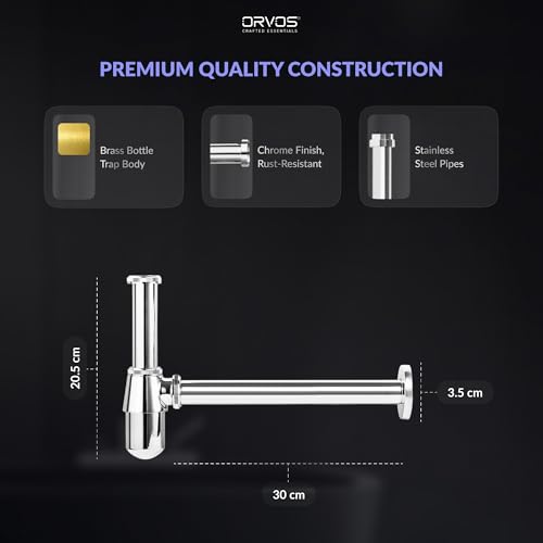 Image of Orvos Bottle Trap, Brass Body with Stainless Steel Pipes, Curved, for Sinks and Wash Basins