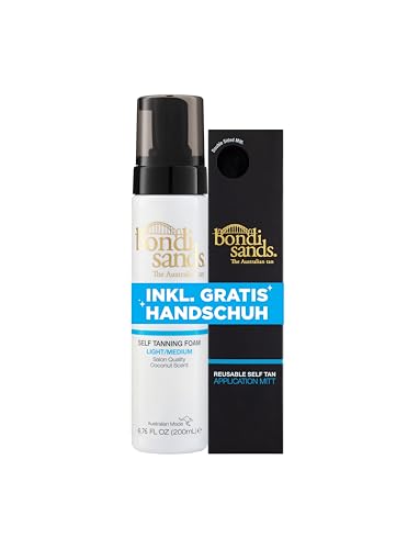 Bondi Sands Self Tanning Set - Selbstbräuner Schaum für hellere/mittlere Hauttöne Inhalt: 200 ml - Mit Anwendungshandschuh - Self Tanning Foam Light/Medium mit Aloe Vera - Streifenfreie Bräune