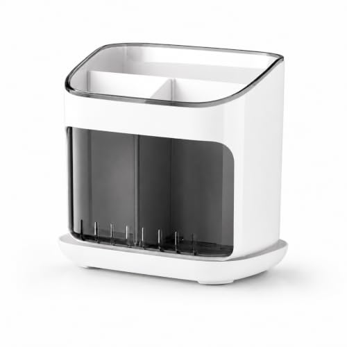 Image of Cutlery Holder with Drainage Tray | Kitchen Cutlery Organizer with Removable Partition | Large Capacity Countertop Storage Caddy (White)