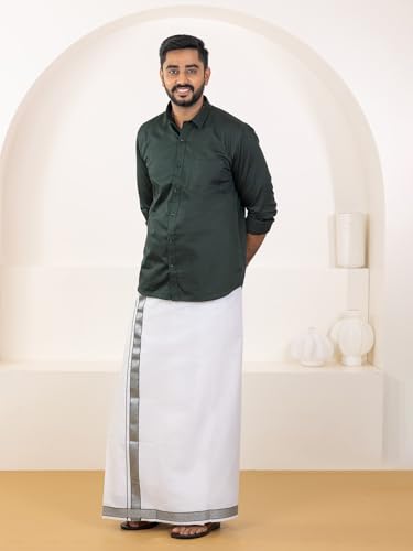 Image of RAMRAJ COTTON Men Premium Cotton Full Sleeves Shirt and Fancy Border Dhoti Set Luxe Set