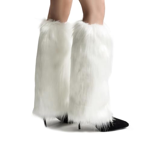 LERTREE ﻿Faux Fur Women Leg Warmers Gyaru Gothic Punk Knee High Stockings Fuzzy Furry Y2K Boots Cuff Covers (White, 40cm)