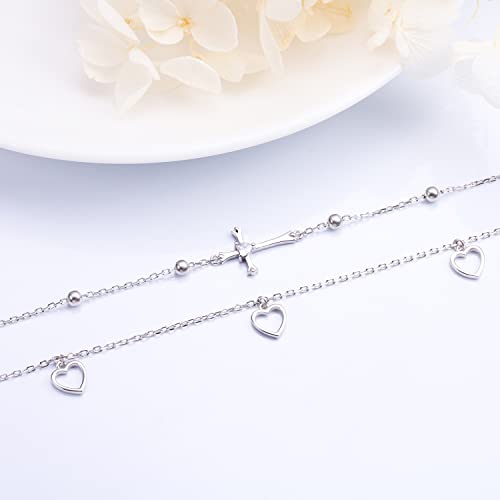 Image of Flyow Anklet for Women S925 Sterling Silver Adjustable Foot Beaded Heart Charm Ankle Bracelet Anklets Jewelry