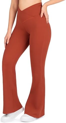 Nirlon Crossover Flare Leggings for Women - Regular & Plus Size Flare Pants High Waisted Wide Yoga Pants (10 34", Rust)