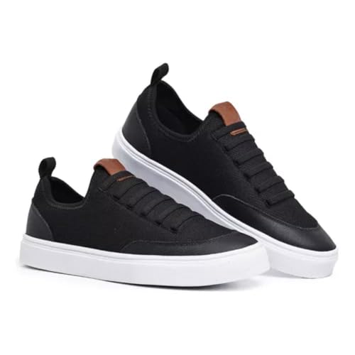 Tênis Casual Elástico Cano Baixo Sapatênis Masculino Preto Cadarço Calce Fácil Confortável (Preto e