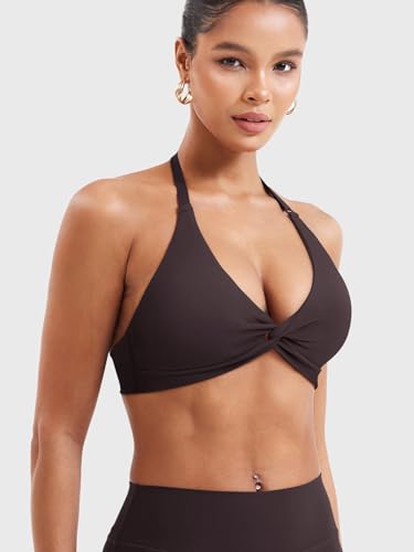 Image of YEOREO Halter Sports Bras for Women Low Impact Removable Padded Adjustable Deep V Bra Seamless Workout Gym Crop Tops