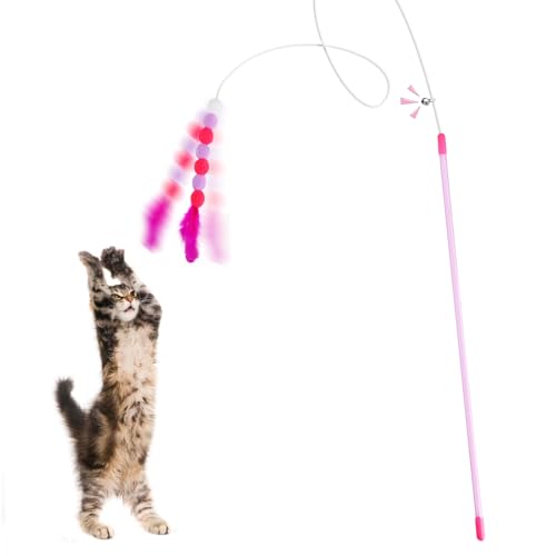 DOPENSPI Juguete de varita para gatos, varita interactiva de plumas de 30 cm con campana, bola de felpa interactiva, atrapador de gatos, ejercitador de interior para gatos, palo de entrenamiento