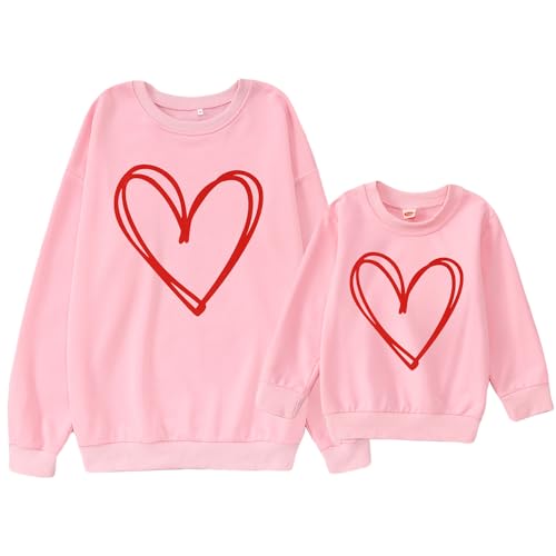Mommy and Me Sweat-shirt de Saint-Valentin avec motif cœur et famille - Pull assorti décontracté à manches longues, Rose enfant, 5-6 ans