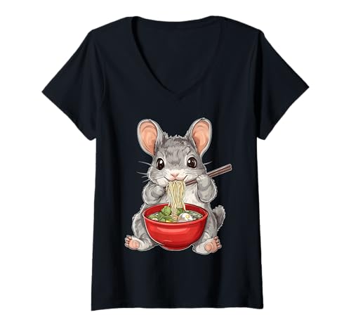 Mujer Chinchilla Pet Cute Kawaii Ramen - Fideos japoneses Camiseta Cuello V