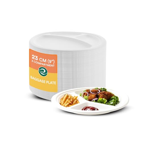 ECO SOUL | Round 3 Compartment Bagasse Plate | 9 Inch - Pack of 25 | Disposable Plates Big Size | Durable, Biodegradable & Food-Safe | Microwave Safe, Leak-Resistant & Plastic-Free