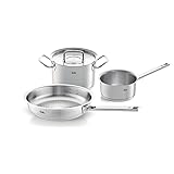 fissler original, profi collection set die pentole in acciaio nox, 3 pezzi, con coperchio in metallo, 1 pentola, 1 padella senza rivestimento, 1 casseruola senza coperchio