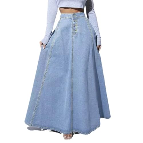 Women Denim a Line Single Breasted High Waist Jeans Vintage Maxi Simple Casual Elegant Splice Long Skirt (Light Blue,XX-Large)