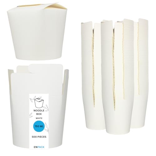 Enpack Nudelboxen in weiß 750ml/26oz aus robustem Kraftpapier 500 Stk - Stapelbare, wiederverschließbare, nachhaltige Asia Box für den Transport von Asia Nudeln und anderen Take-Away-Gerichten