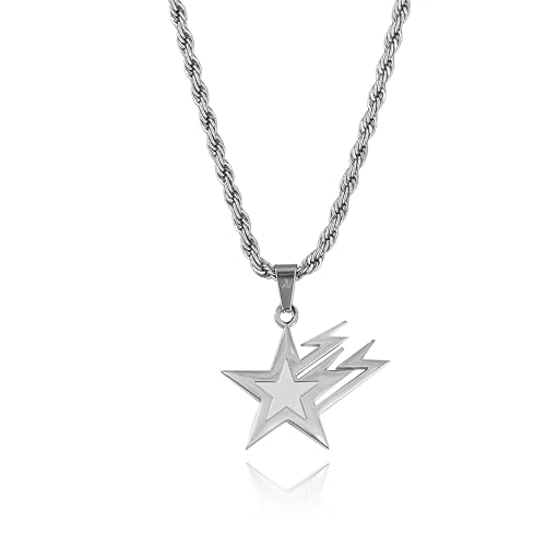 JVillion Star Pendant Necklace Men, 3mm Rope Chain, Silver Star Medallion, 50-60cm Streetwear Jewelry, Silver Chain Men (50cm)