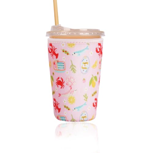 Image of Reusable Insulated Sleeve for Iced Coffee Cup, Coffee Neoprene Sleeve for Cold & Hot Drinks, Beverage Holder for Iced Coffee (Coastal Catch, Medium: 22-24oz)