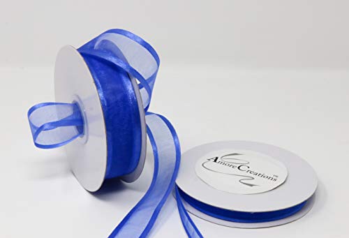 AmoreCreations 5/8 Inch x 25yds Organza Ribbon with Satin Trim for Wedding Baby Shower Gifts DIY Bows Craft Dancer Wands and More - Colors Guaranteed by AmoreCreations (Royal Blue)