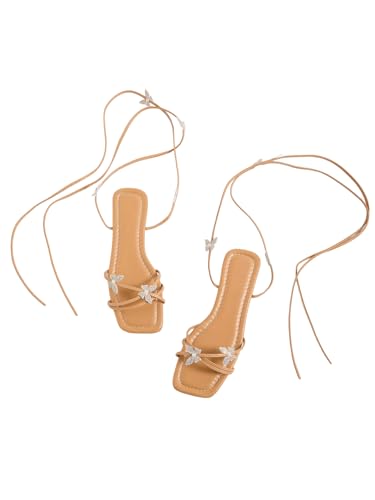 Image of GORGLITTER Women's Sparkly Butterfly Lace Up Flat Sandals Criss Cross Strappy Tie Up Slide Sandals Brown 7.5