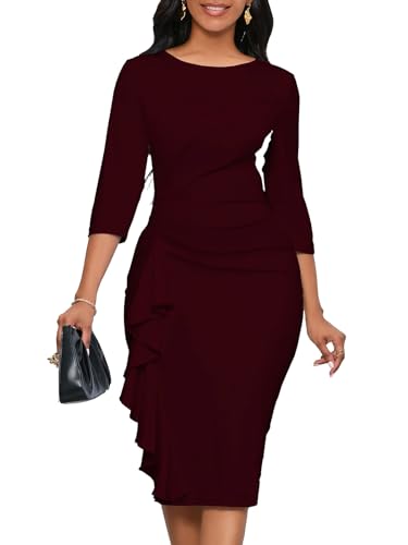 Image of Church Dresses for Women 3 /4 Sleeve Ruffle Vintage Bodycon Cocktail Work Midi Pencil Dress
