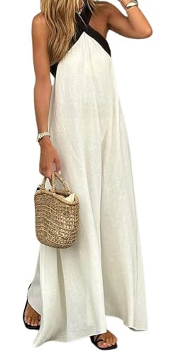 CHARTOU Women Summer Vacation Halter Neck Crossover Contrast Trim Cotton Linen Flowy Long Dress