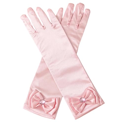 NASMBXA Gants Satin Longs Fille, Princesse Gants pour Fille, Princesses Gant Longs en Satin, Gant Long pour Enfants avec Nœud et Diamants pour Cosplay Noël Fête Party d'anniversaire, Rose