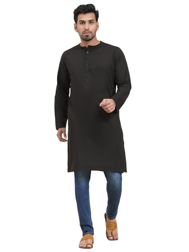 Image of Amazon Brand - Anarva Men's Cotton Solid Round Neck Kurta Long Sleeves Straight Knee Length Casual Shirt