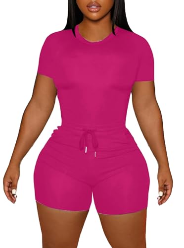 LovelyWholesale Short Sets for Women Summer 2 Piece Outfits Casual Workout Sets Hot Pink Large