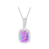 Tuscany Silver Women's Sterling Silver Rhodium Plated Rectangle Synthetic Purple Opal and White CZ 10mm x 20mm Halo Pendant on Sterling Silver Rhodium Plated Curb Chain 46cm/18